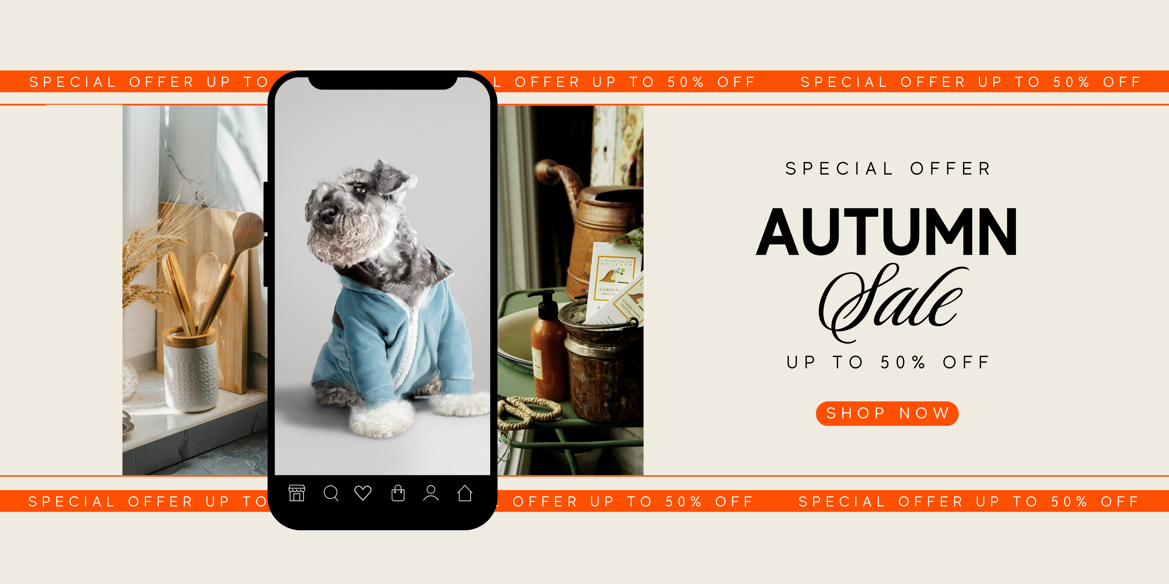 Phone screen displaying a dog in a blue outfit with an autumn sale banner on a white background