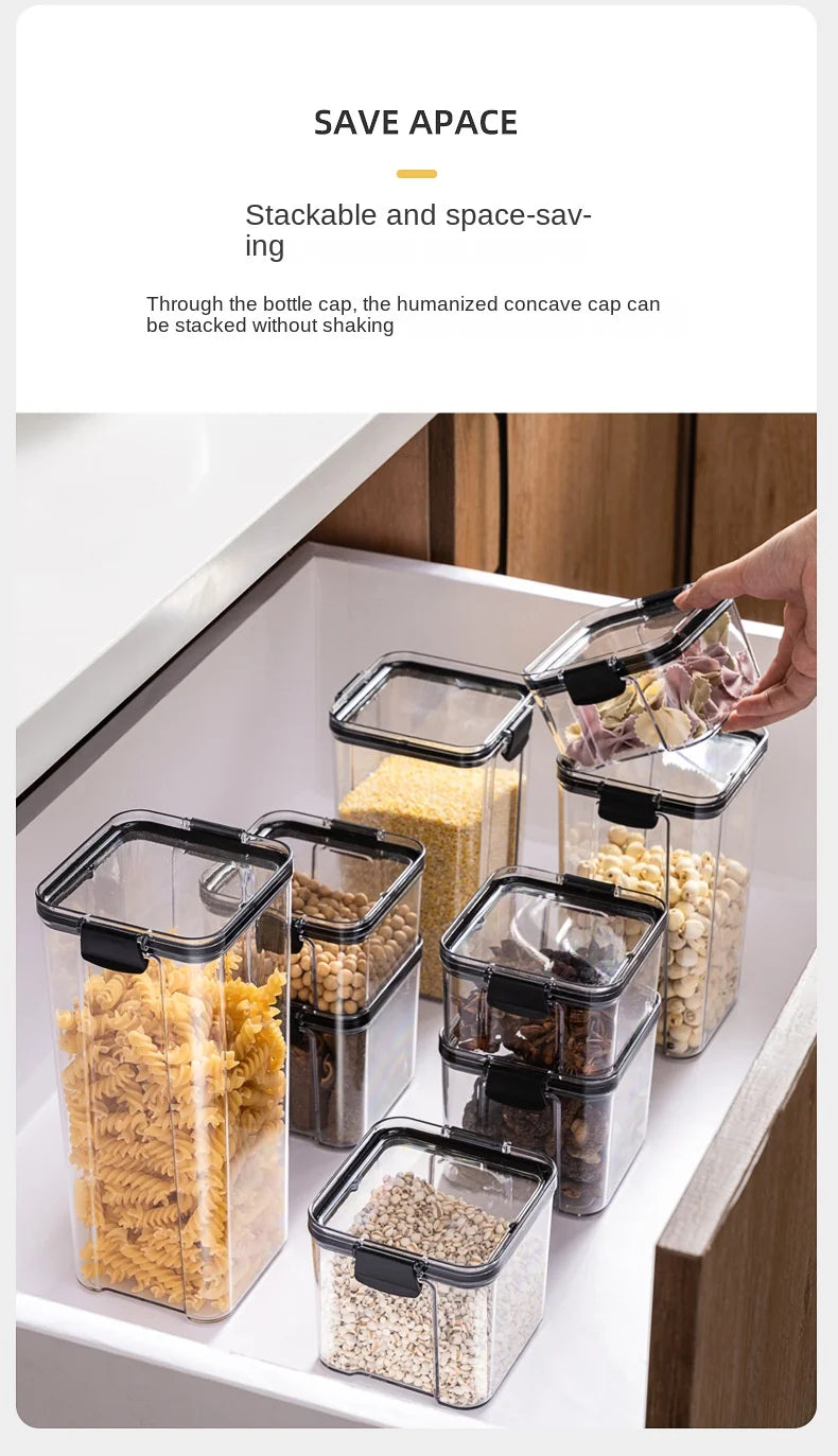 Stackable food storage containers with a hand reaching for one, placed on a kitchen counter.