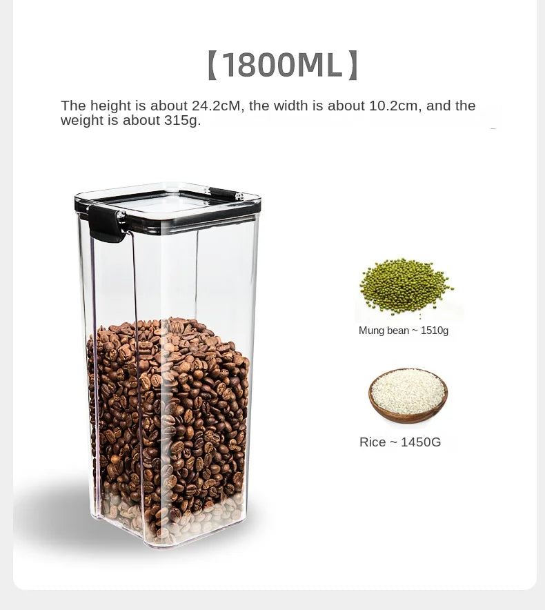 Clear container with coffee beans, mung beans, and rice, showing volume and weight information.