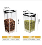 Two clear storage containers with black lids, filled with coffee beans and green beans, showing measurements and capacities.