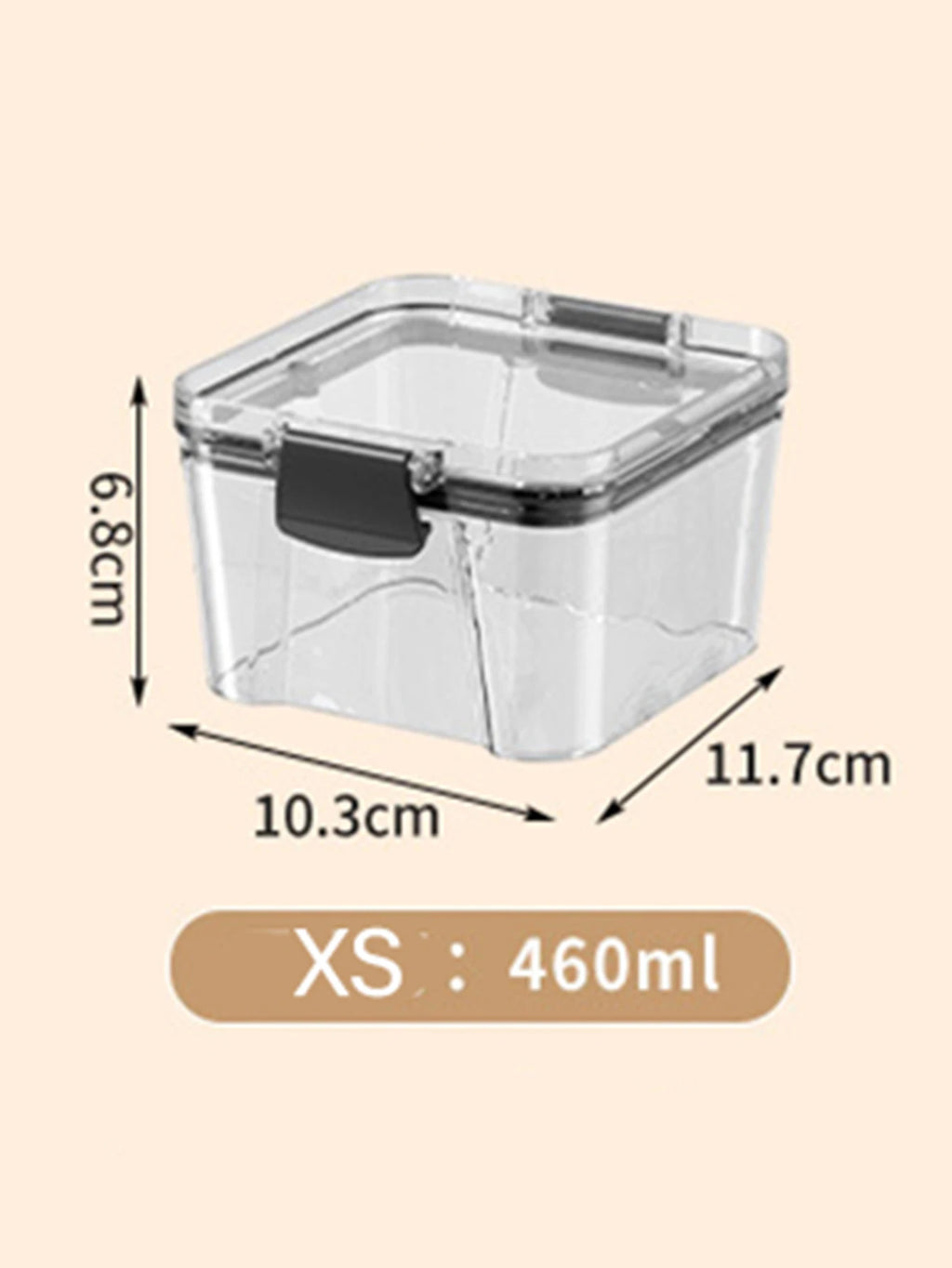 Clear storage container with dimensions and capacity label on a beige background