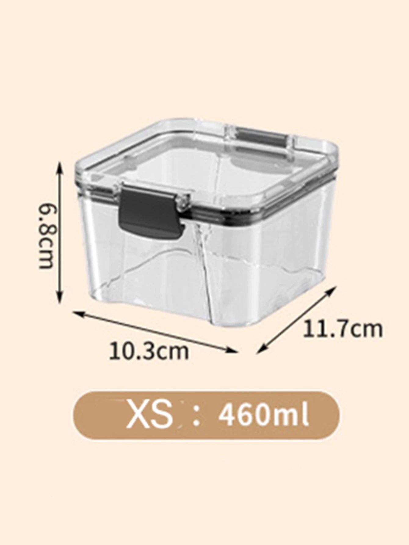 Clear storage container with dimensions and capacity label on a beige background