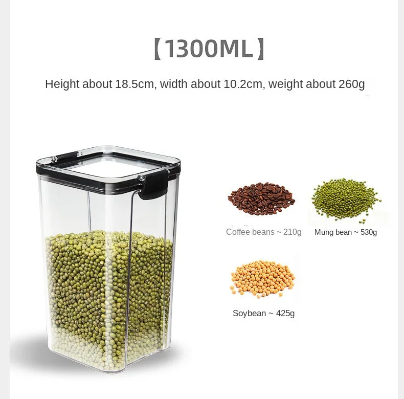 Clear storage container with black lid, filled with green beans, on a white background with text and images of different beans.
