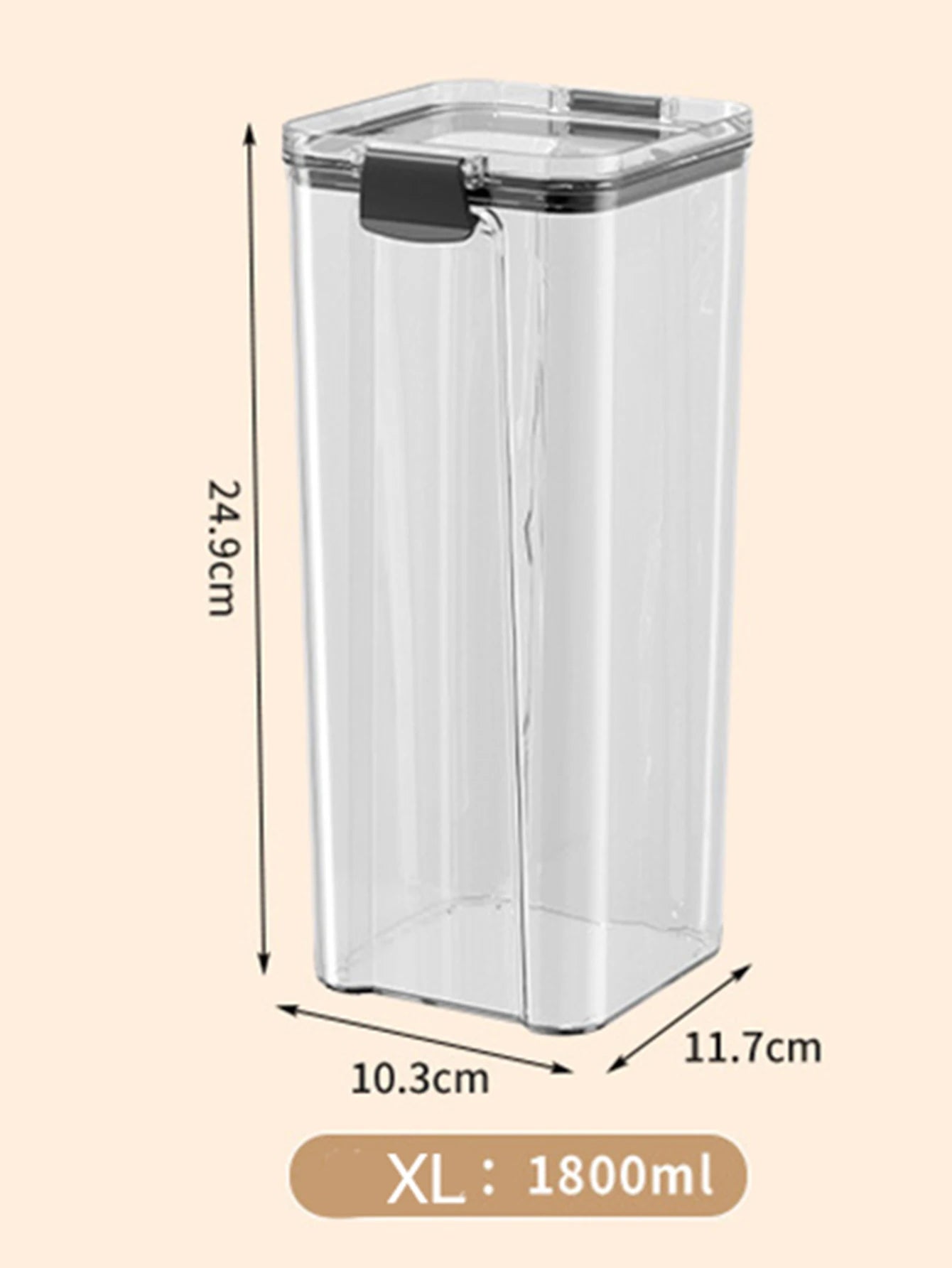 Clear storage container with dimensions on a beige background