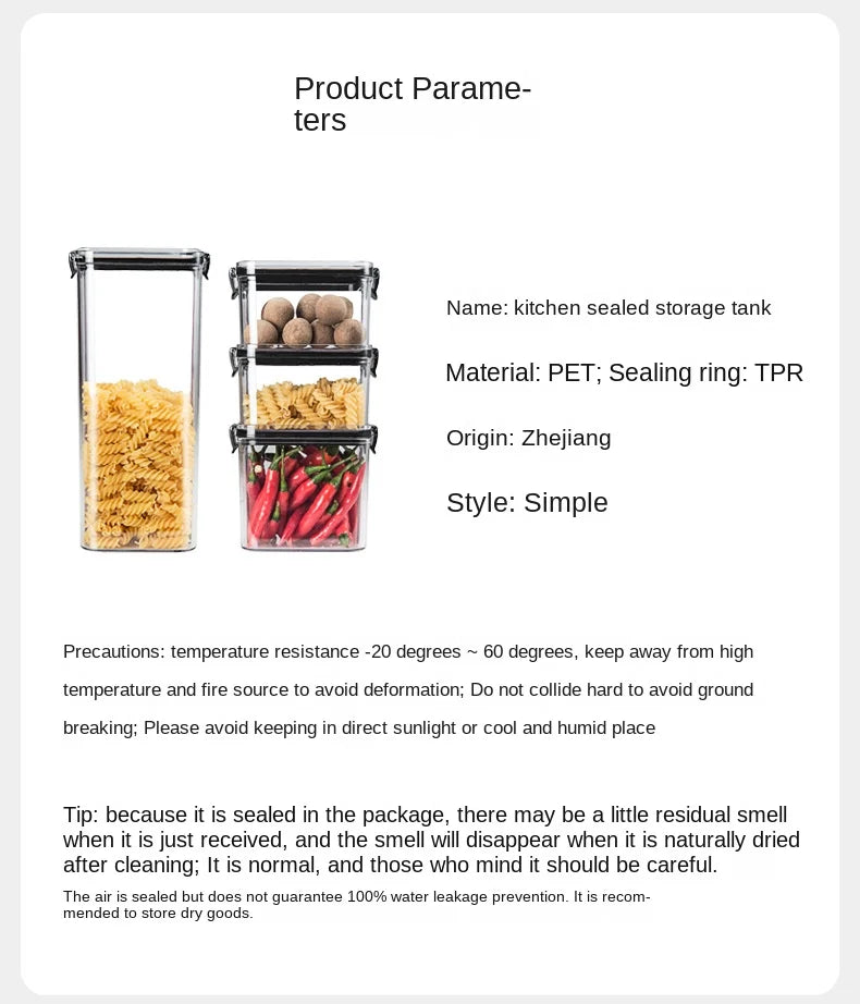 Product parameters of a kitchen sealed storage tank with images of food items inside.