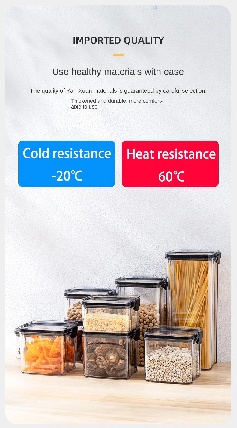 Set of storage containers with food on a wooden surface, featuring text about material quality and temperature resistance.