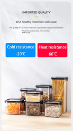 Set of storage containers with food on a wooden surface, featuring text about material quality and temperature resistance.