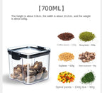 Clear container with black lid displaying capacity and weight information, with images of various foods.