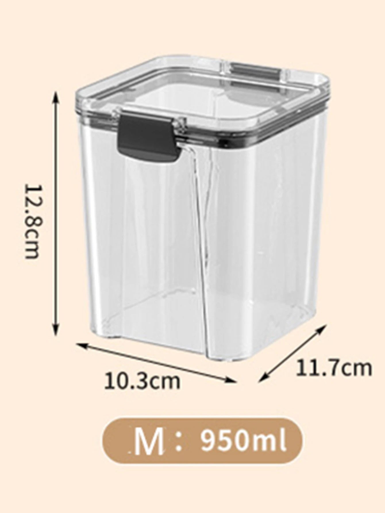 Clear storage container with dimensions and capacity label on a beige background