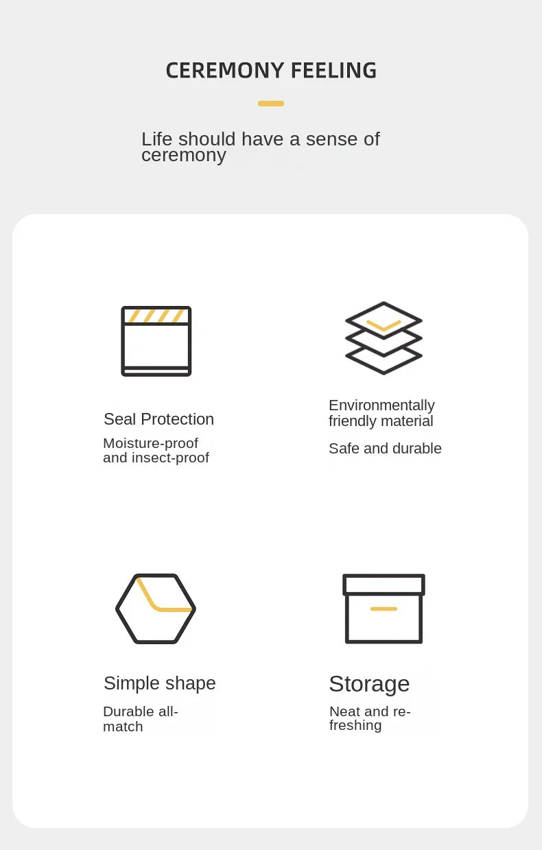 Product features with icons and text on a white background
