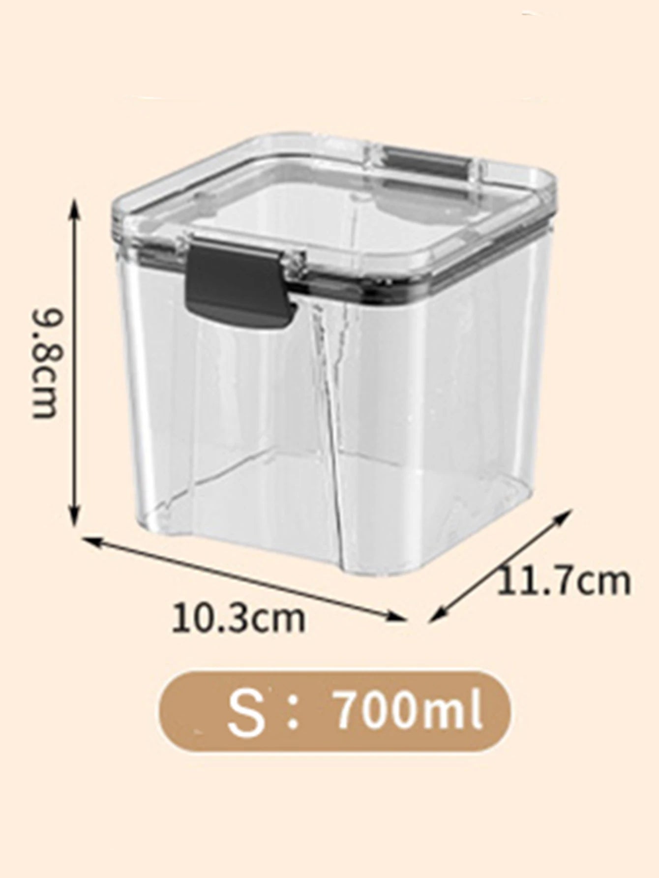 Clear storage container with dimensions and capacity label on a beige background