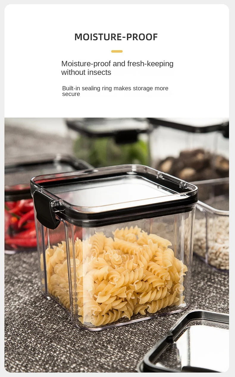 Moisture-proof food storage container with pasta inside on a kitchen counter.