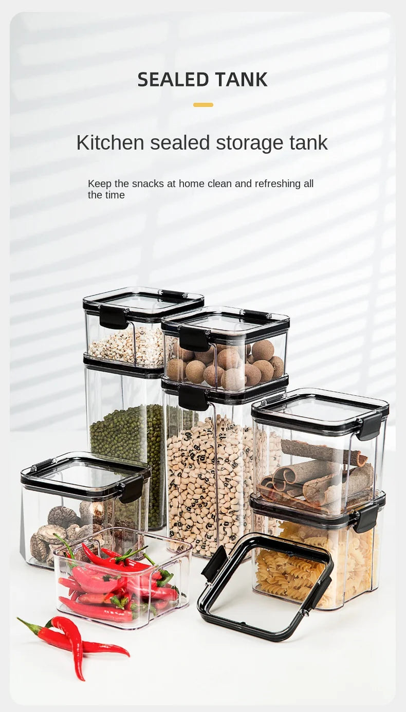Set of kitchen storage containers with snacks on a white background