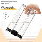 Clear container with black base held by a hand, labeled 'Watertight' and 'Embedded pressure fit tank mouth'.