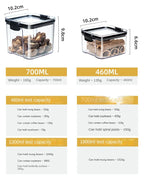 Two clear containers with black lids, showing measurements and capacity details on a white background.