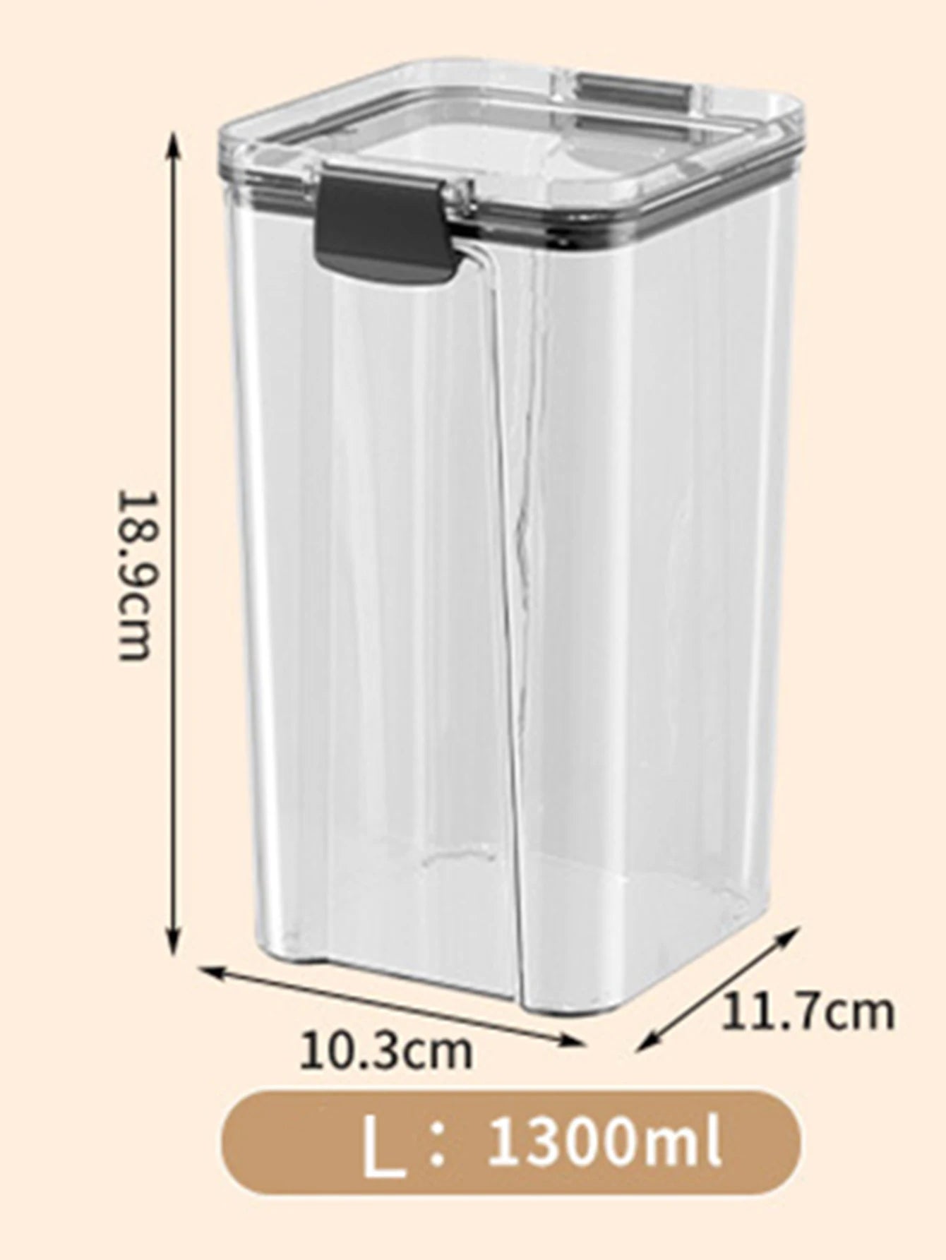 Clear storage container with dimensions on a beige background