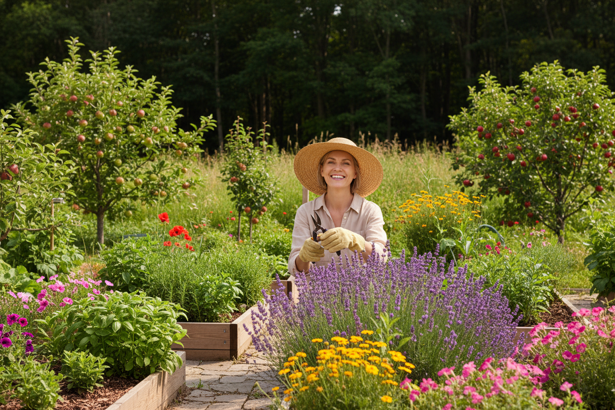 A happy woman taking care of a small orchard with cooking herbs, flowers and some lavanda in her backyard to the woods, with no fences. She is wearing a hat, gardening gloves and scissors. Ultra-realistic.