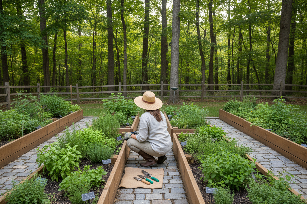 A woman taking care of a little herb garden in her backyard to the woods. The plants are very well organized. She is facing the woods looking carefully to her shore, wearing gloves, sun hat, and there are some gardening tools on the flor besides her.