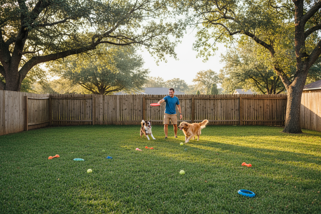Generate a realistic picture in hero banner size of a american backyard with a normal loan, some trees in the corner, wooden fence. in the center, a man plays with two dogs (choose medium races), with some dog toys spread on the grass.