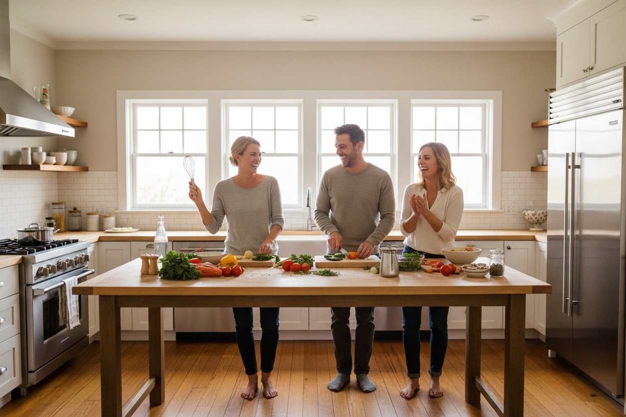 It doesnt look real... Include some people having fun while cooking. make as real as possible.