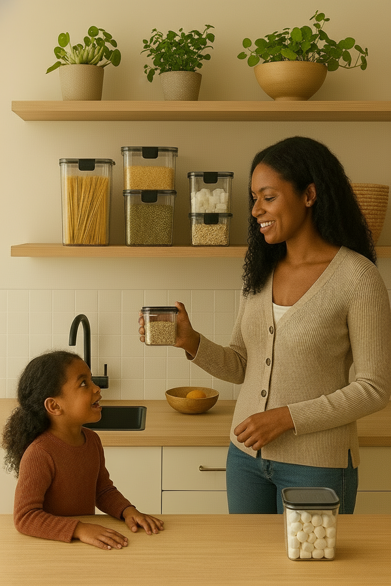 Woman and child in a kitchen with jars and containers on shelves