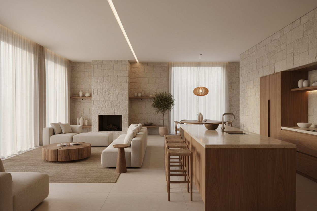 um ambiente calmo, natural, com luz suave (cozinha ou sala com textura de pedra e madeira)